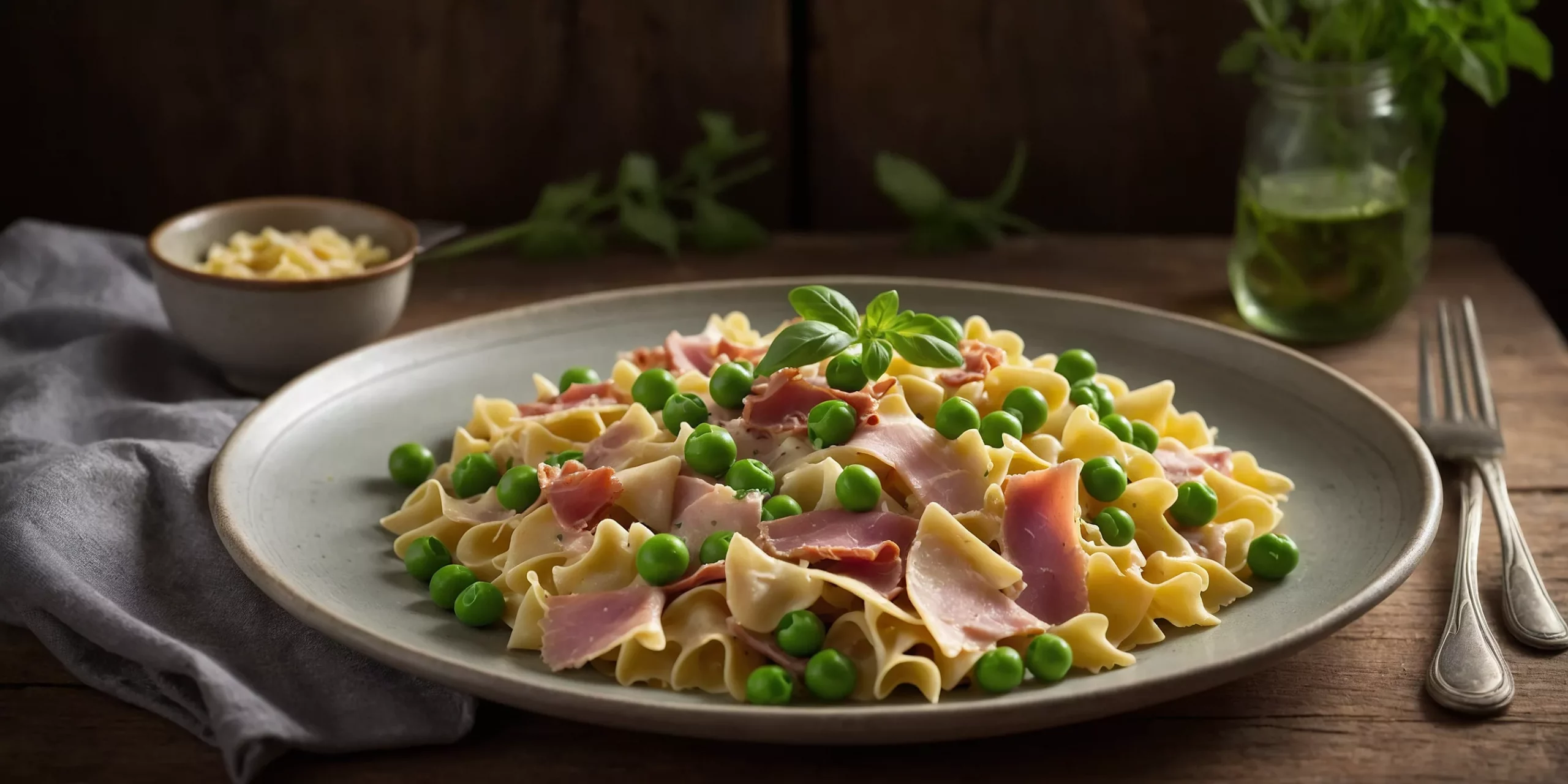 Cremige Farfalle mit Erbsen und Schinken