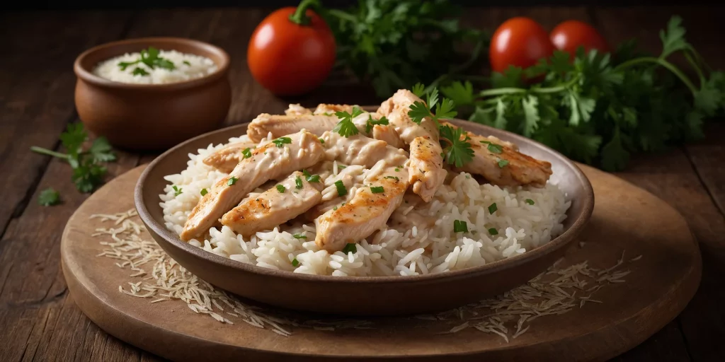 Cremige Hähnchenstreifen mit Reis