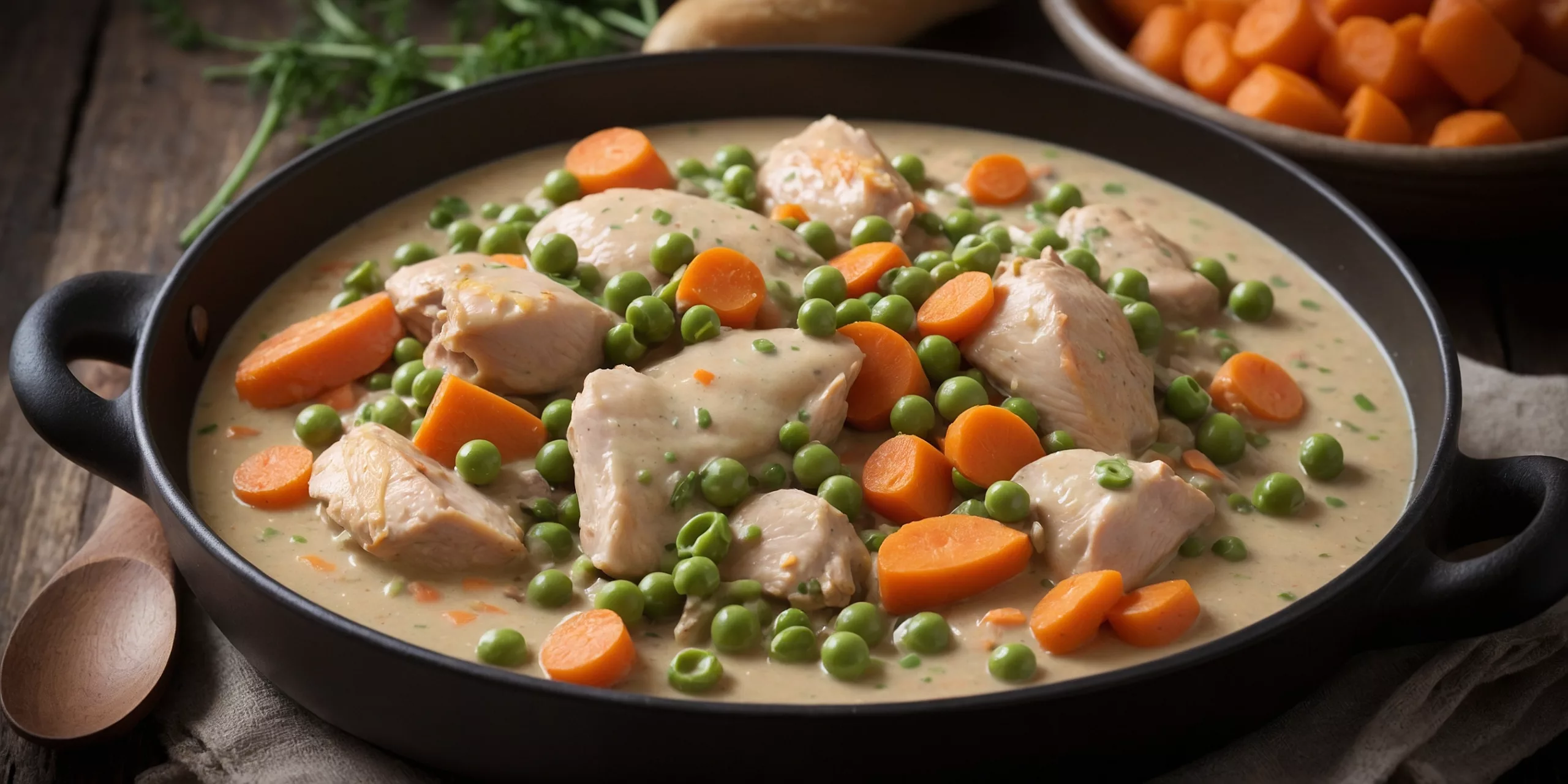 Cremiges Hähnchenfrikassee mit Möhren und Erbsen