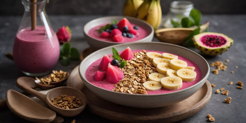 Fruchtige Drachenfrucht-Smoothie-Bowl mit Knusper-Granola