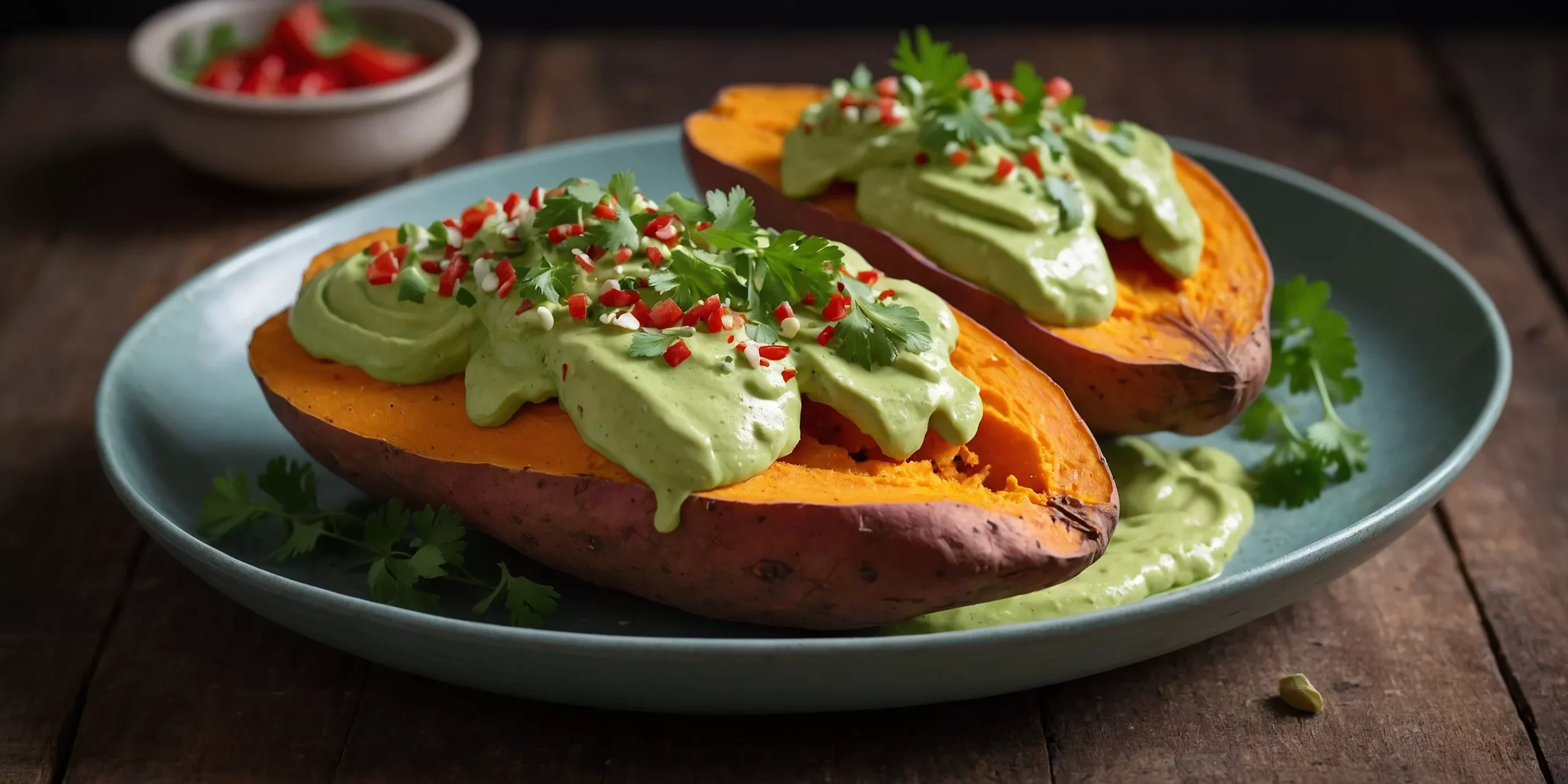 Gebackene Süßkartoffeln mit Avocado-Creme