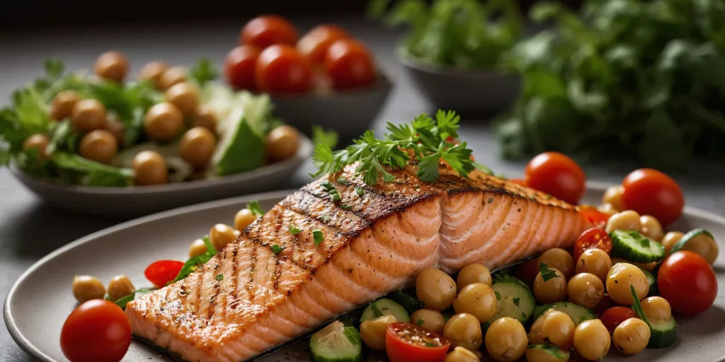 Gegrillte Lachsfilets mit Kichererbsensalat