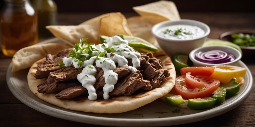 Griechischer Gyros-Teller mit Tzatziki und Pitabrot