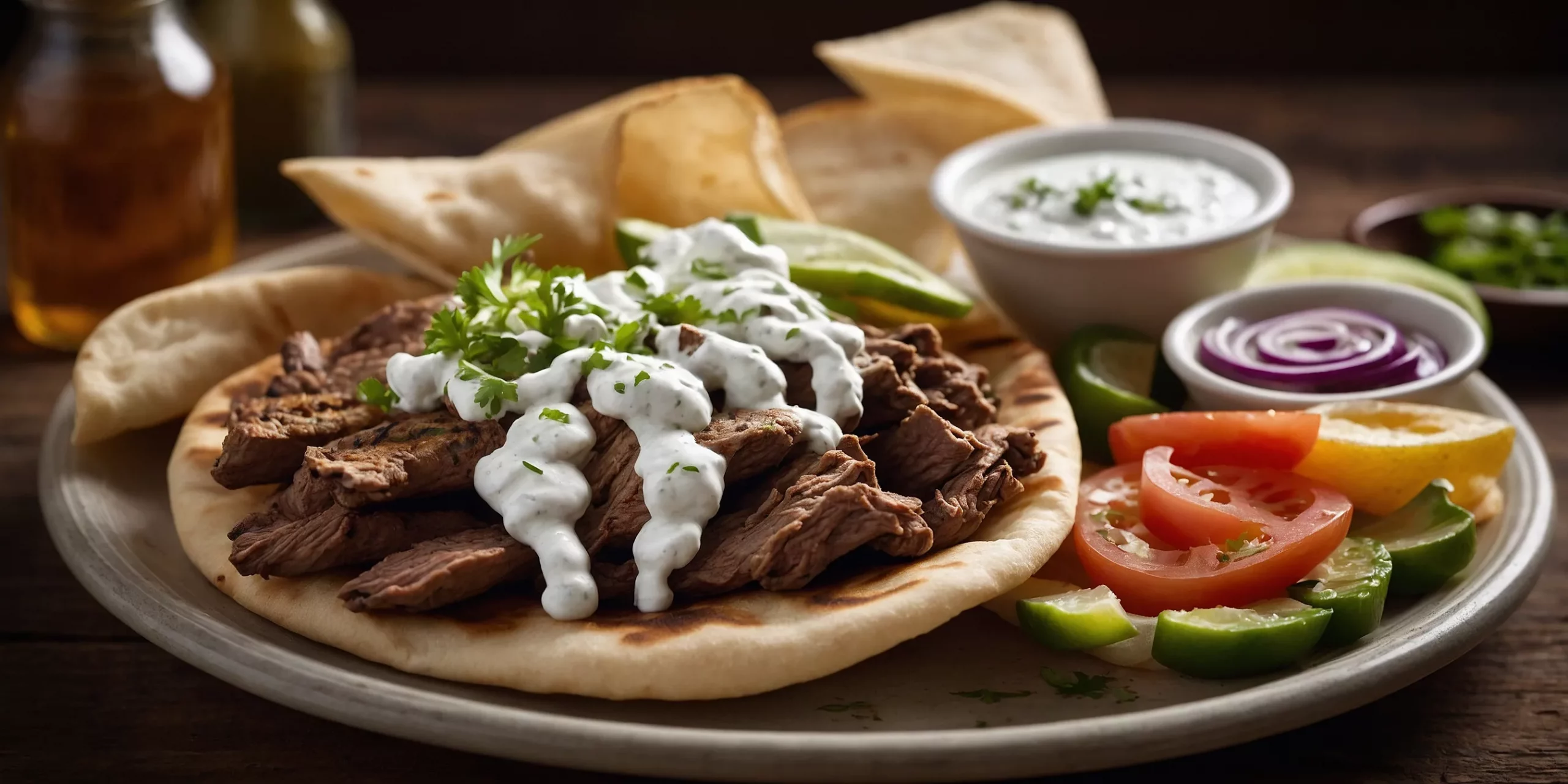 Griechischer Gyros-Teller mit Tzatziki und Pitabrot