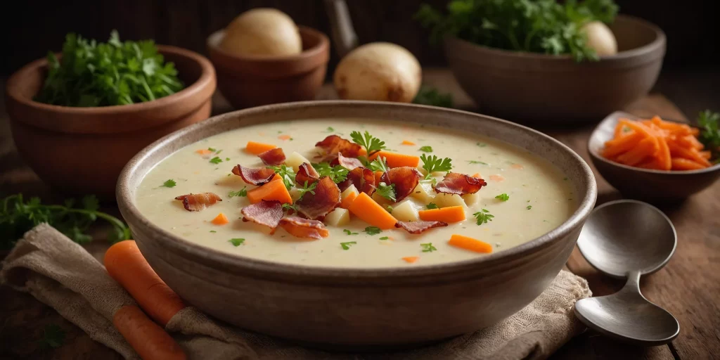 Klassische Kartoffelsuppe mit Gemüse und Speck