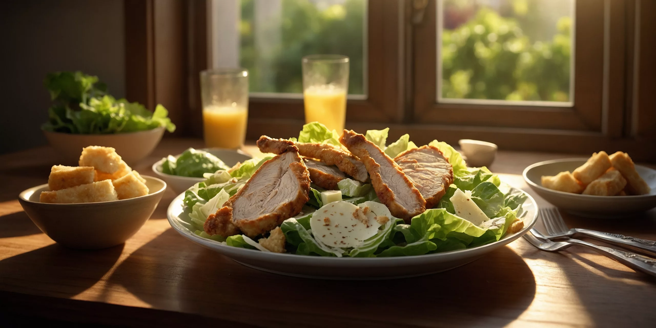 Klassischer Caesar Salad mit gebratenen Hähnchenstreifen