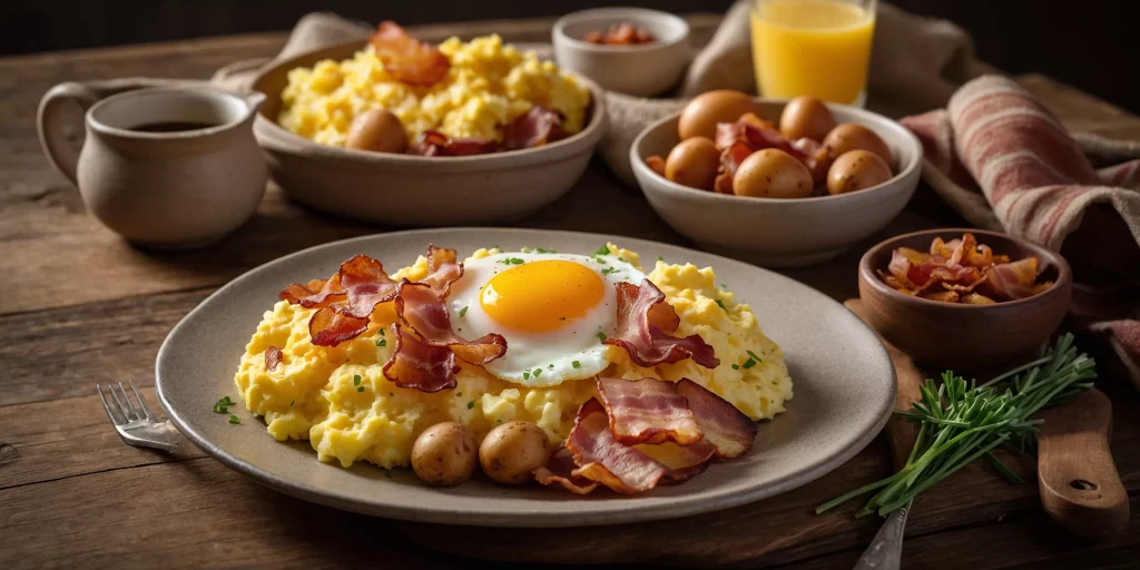 Klassisches Bauernfrühstück mit Ei und Kartoffeln