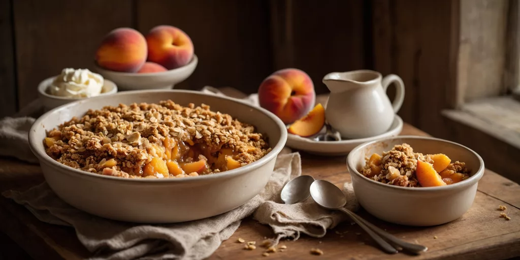 Knuspriger Pfirsichcrumble mit Haferstreuseln