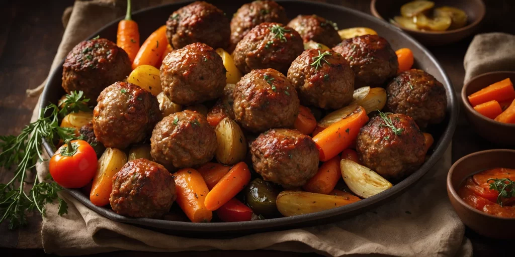 Ofenfrikadellen mit würzigem Ofengemüse