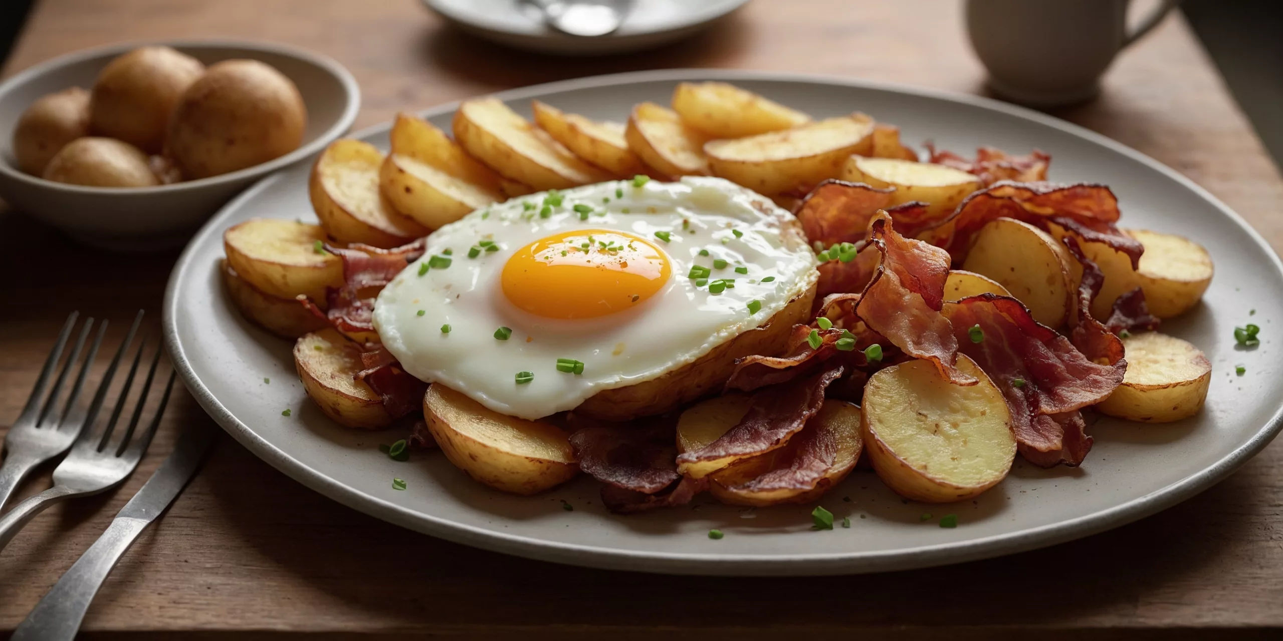 Rustikales Bauernfrühstück mit Speck und Kartoffeln