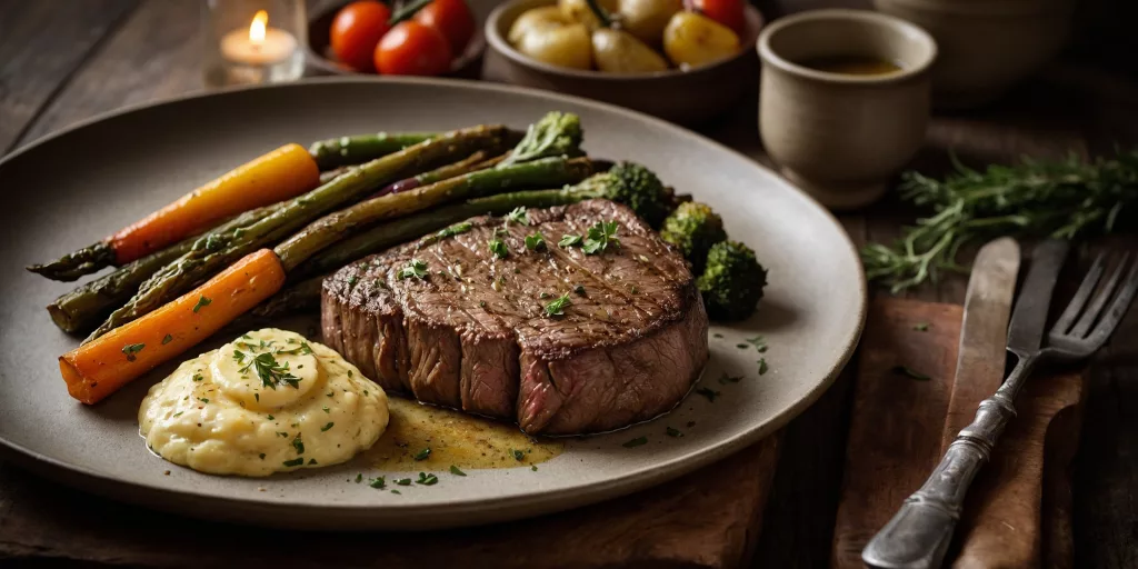 Saftiges Steak mit Kräuterbutter und knusprigem Röstgemüse