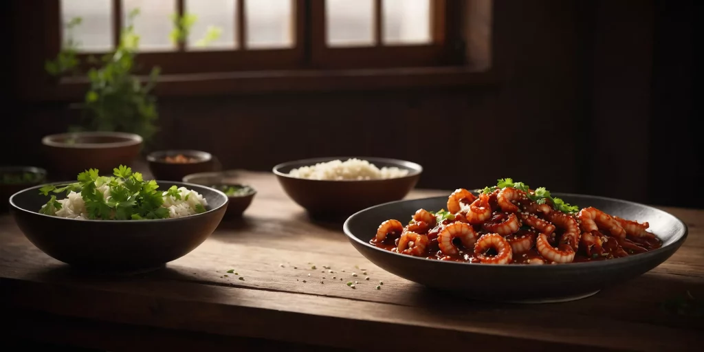 Scharfer Oktopus in roter asiatischer Soße