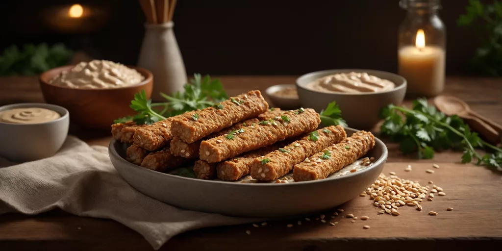 Vegane Tempeh-Sticks mit Erdnuss-Dip