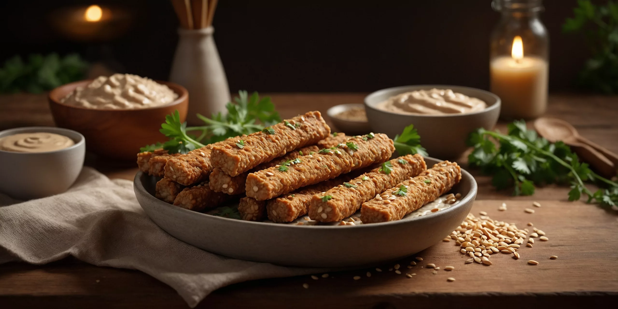 Vegane Tempeh-Sticks mit Erdnuss-Dip