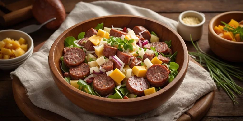 Würziger Wurstsalat mit Käsewürfeln