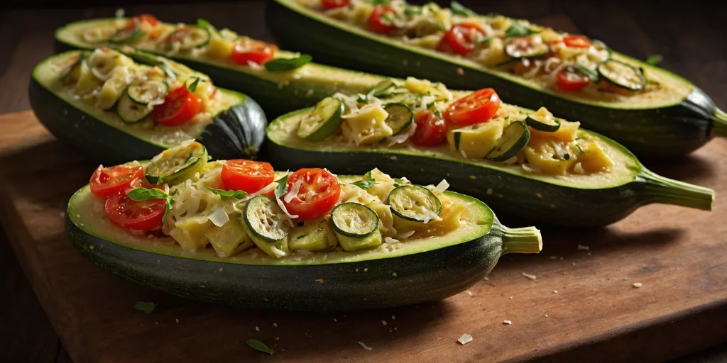 Zucchini-Fächer mit Tomaten und Parmesan